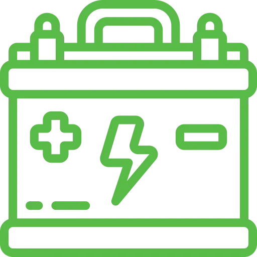 Abbildung eines grün umrandeten Autobatteriesymbols. Die Batterie weist Symbole für Plus- und Minuspole auf, in der Mitte befindet sich ein Blitzsymbol.