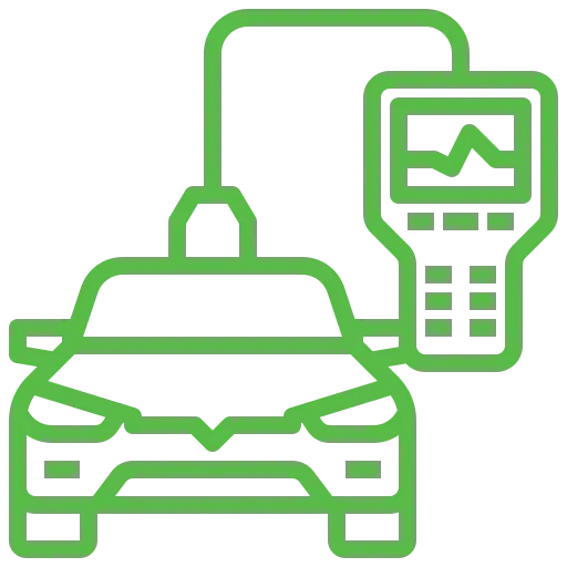 Abbildung: Der grüne Umriss eines Autos ist über ein Kabel mit einem Diagnosegerät verbunden. Das Gerät zeigt eine Wellenform an, die auf einen Fahrzeugdiagnosetest hindeutet.