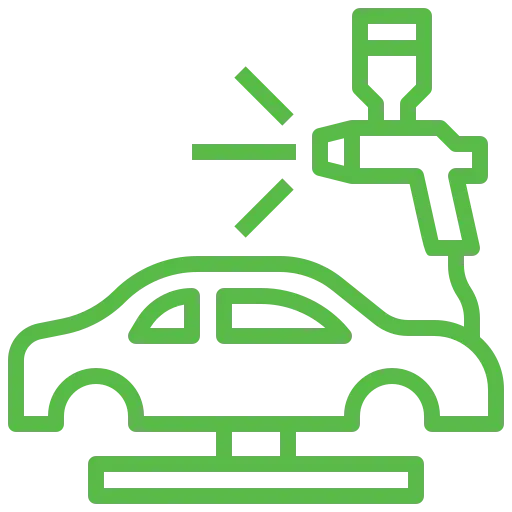 Umriss eines Autos mit einer Farbspritzpistole darüber, dargestellt in grünen Linien. Das Bild suggeriert das Konzept einer Autolackierung oder Autokarosserie.