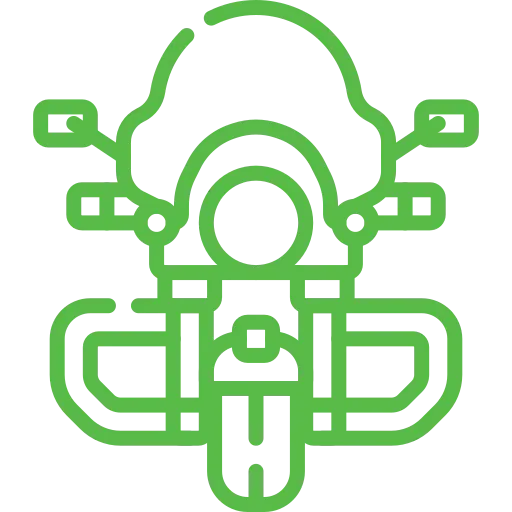 Grüne Strichzeichnung eines Motorrads von vorne, mit Lenker, rundem Scheinwerfer und ausgeprägtem Kotflügel.