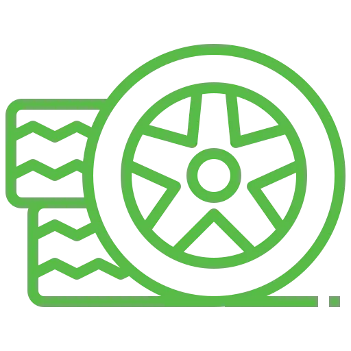 Grünes Symbol eines Autoreifens mit Profilmuster auf weißem Hintergrund. Das Bild zeigt eine Seitenansicht des Reifens und eine abstrakte rechteckige Form mit Wellenlinien, die auf eine Reifenwartung hindeutet.