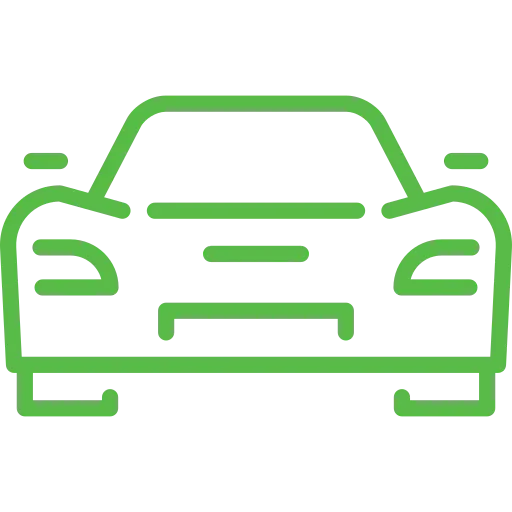 Einfache grüne Strichzeichnung eines modernen Sportwagens von vorne, mit niedrigem Profil, stilisierten Scheinwerfern und breitem Kühlergrill.