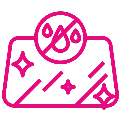 Rosafarbenes Symbol mit einer blitzsauberen Oberfläche und einem durchgestrichenen Wassertropfen als Sinnbild für die renommierte Kompetenz des Reifenhauses Freital im Bereich Wasserbeständigkeit bzw. Imprägniertechnologie.