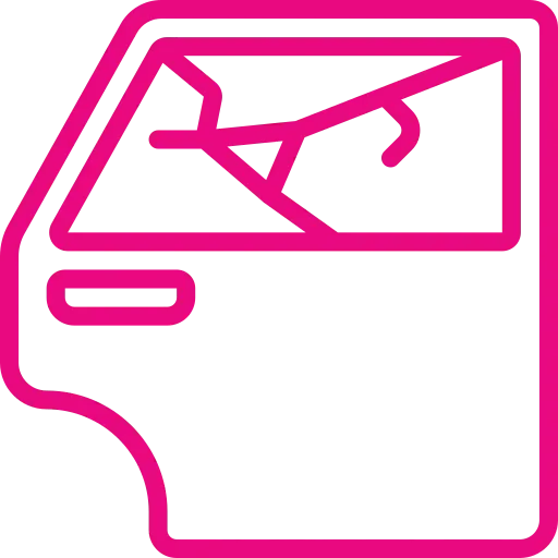 Eine rosa Strichzeichnung einer Autotür mit einem gesprungenen Fenster fällt durch ihre Schlichtheit und ihr minimalistisches Design auf und spiegelt einen Hauch der Präzision des Reifenhauses Freital wider.