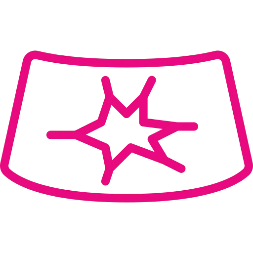 Das rosa umrandete Symbol einer Autowindschutzscheibe mit einem sternförmigen Riss in der Mitte spiegelt das Wesen des Engagements des Reifenhauses Freital für qualitativ hochwertigen Service wider.