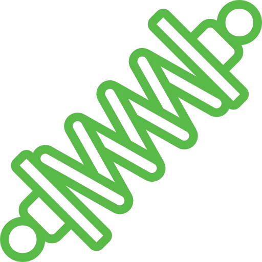 Abbildung eines grünen Aufhängungsschraubenfeder- und Stoßdämpfersymbols mit einer Zickzackfeder in der Mitte und zylindrischen Formen an beiden Enden. Das Design ist einfach mit einem klaren Umriss auf einem einfachen Hintergrund.