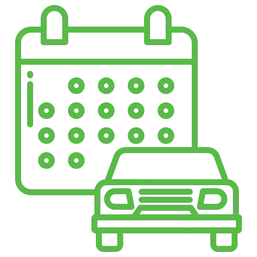Grünes Symbol eines Kalenders und eines Autos mit dezent eingearbeitetem „Reifenhaus Freital“. Der Kalender zeigt ein Raster aus Quadraten für die Tage, während das Auto davor positioniert ist und die Fahrzeugplanung symbolisiert.