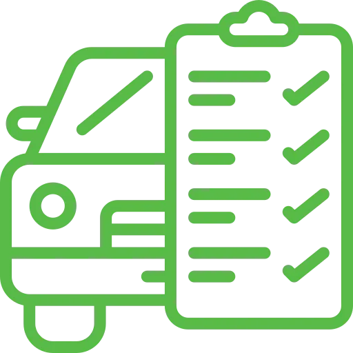 Ein grünes Umrisssymbol, das die Vorderseite eines Autos darstellt, neben einem Klemmbrett mit einer Checkliste. Die Checkliste zeigt mehrere abgehakte Punkte.